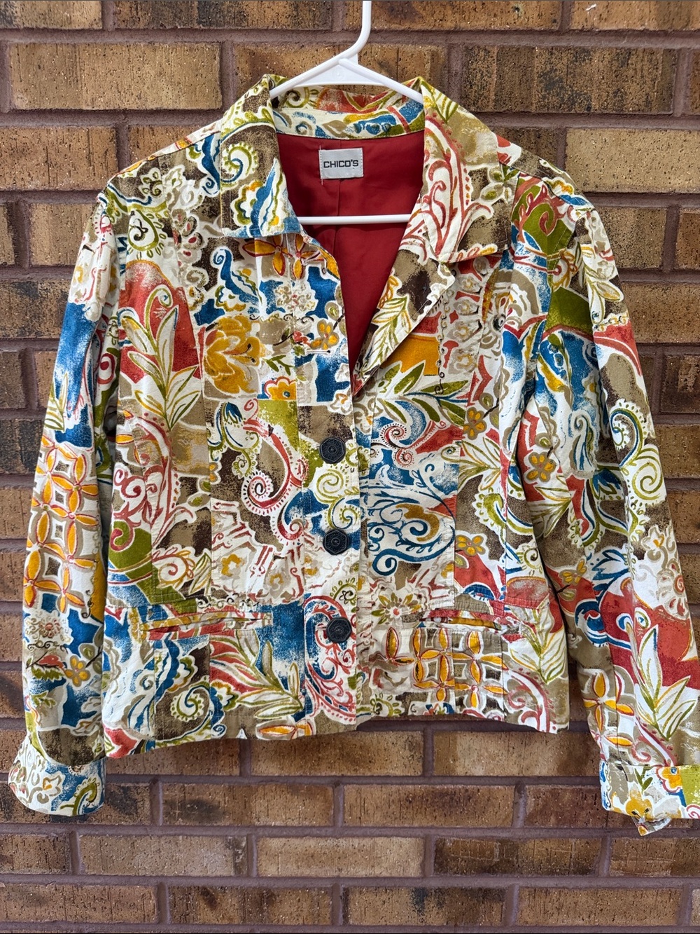 Chico's Multicolor Patchwork Print Blazer with Red Lining